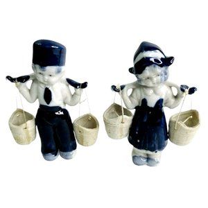 Vintage Dutch Boy & Girl Figurines w/ Water Buckets 5" Hand Painted Japan 1940’s